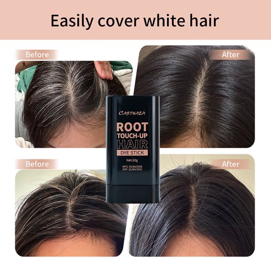 Voor en na vergelijking van grijs haar dat effectief is gedekt door de Carthaea root touch-up stick.