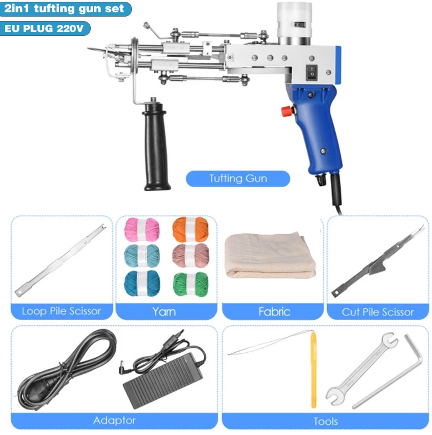 Tuftpistool 2-in-1 Set - Tapijttrimmer - Instelbare Snelheid 5-40 Steek/sec - 7-21 mm Steeklengte - Handmatig - Tufting Machine