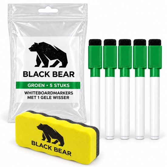 Set van vijf groene whiteboardmarkers en één gele BlackBear wisser in een doorzichtige plastic verpakking.