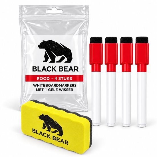 Vier rode whitebordmarkers, plastic verpakking en een gele Black Bear wisser.