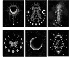 ORIGACH 6 Pieces Moon Phases Wall Art 20x25cm, Minimalist Boho Wall Decoration, Moon Phase Star Witch Wall Prints - ShopVlot