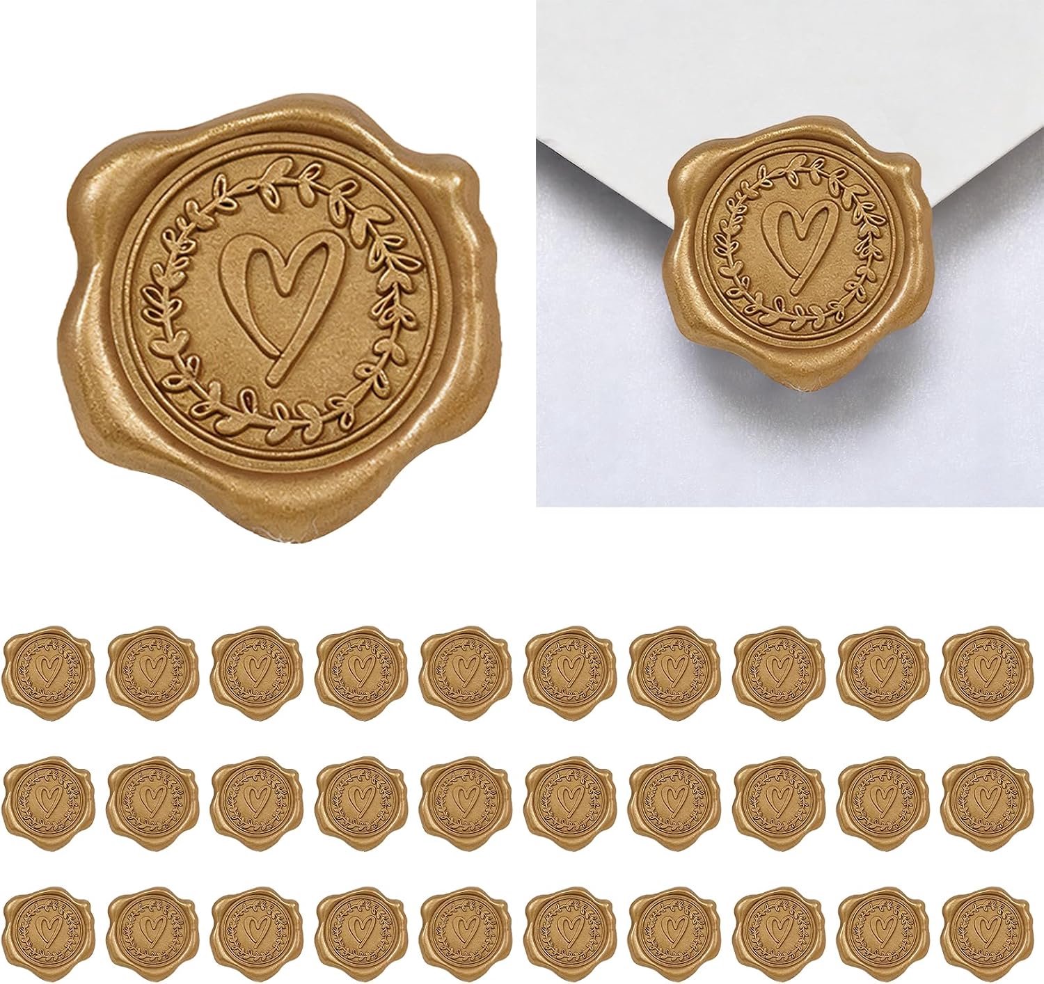 30 stuks zegelwas, zelfklevend, 3 cm, waszegel, zelfklevend, zegelstempel, zelfklevend, hartvorm en rozemarijntak - ShopVlot