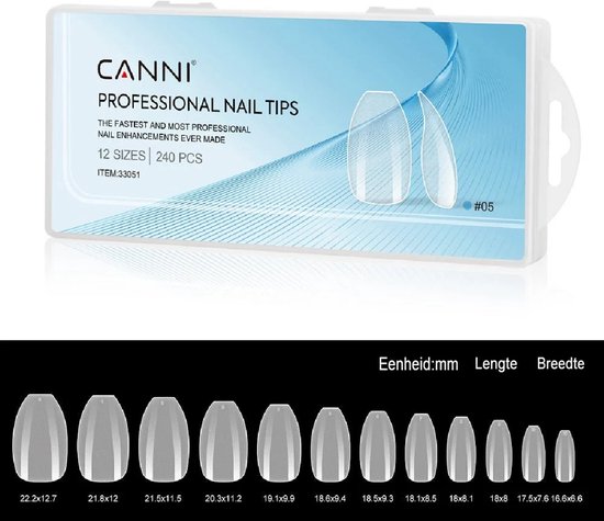Doos met 240 Canni professionele nageltips met overzicht van 12 verschillende maten in mm.