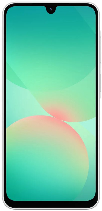 Vooraanzicht van de witte Samsung Galaxy met een kleurrijke, abstracte schermachtergrond.
