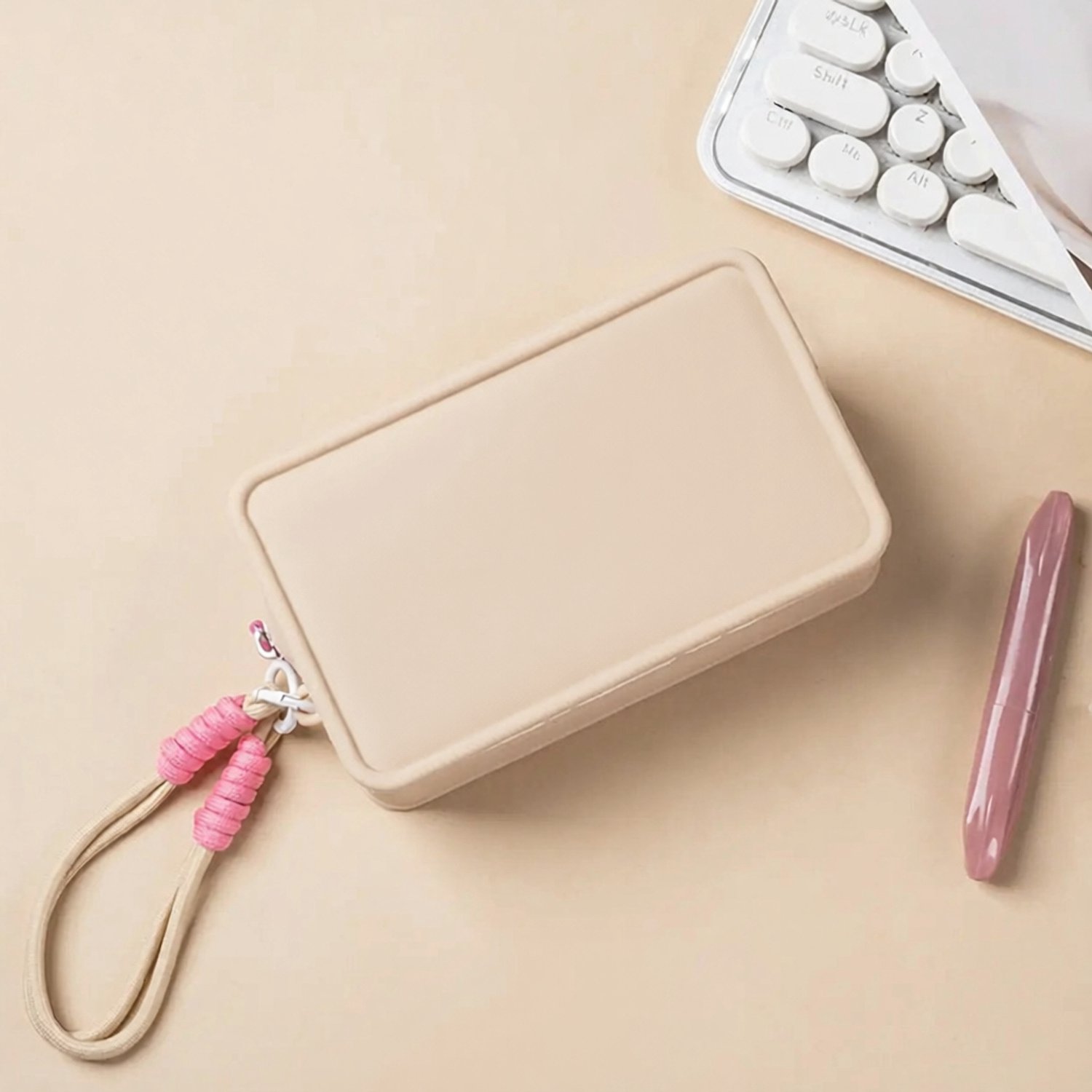 ZOQENX Draagbare Waterdichte Cosmetische Tas met Rits en Polsband, Beige - 20x12x8 cm