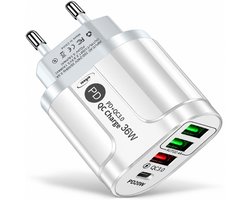USB Adapter & USB C Adapter - 4 Poorten 36w - USB Stekker - Reisstekker - Oplader - Snelladen functie - USB-C Stekker - Wit - Wereldstekker - Type-C lader - 1x PD20W Usb-C, 1x USB QC3.0 & 2x USB 2.4 Poort