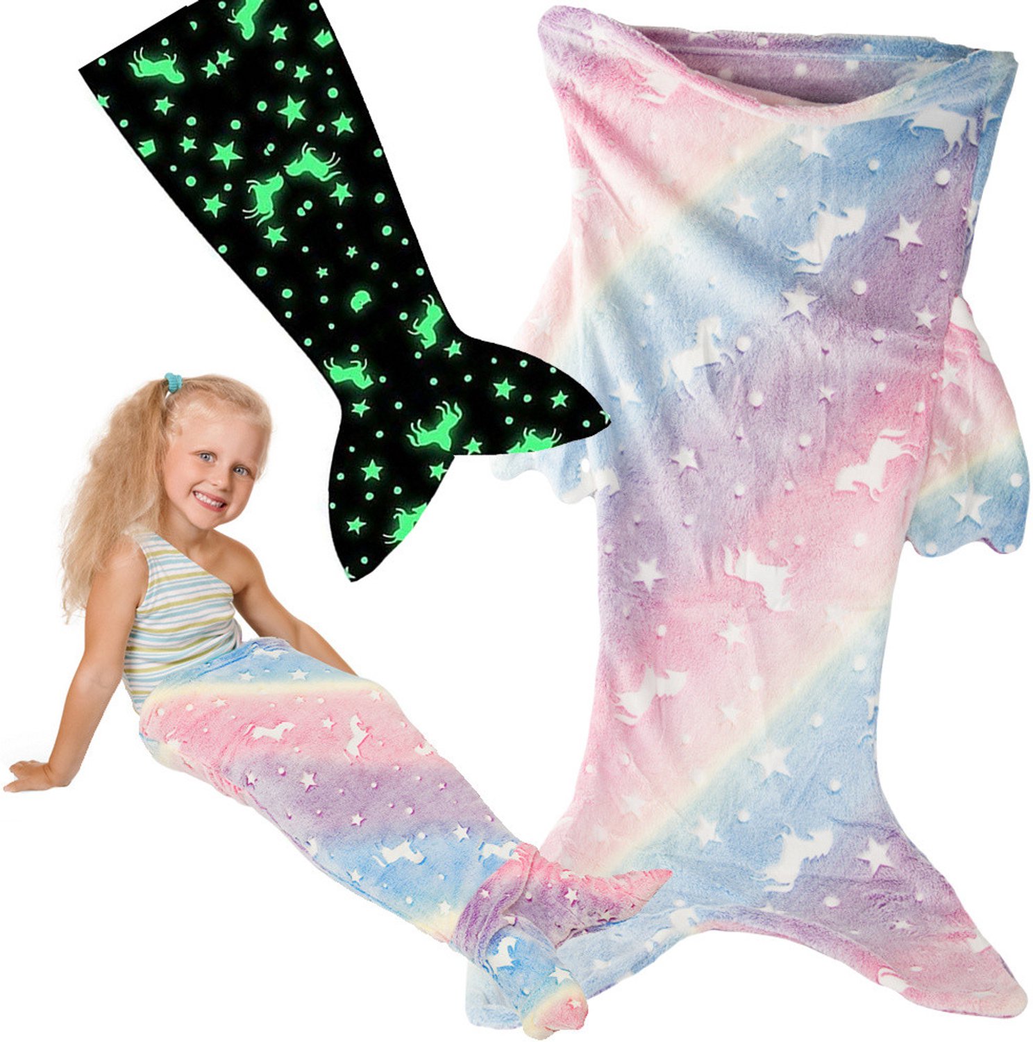 Kinder Zeemeermin Deken - Unicorn - Fleece Deken - Glow in the Dark - Zeemeerminnenstaart - 105 x 42-45 cm