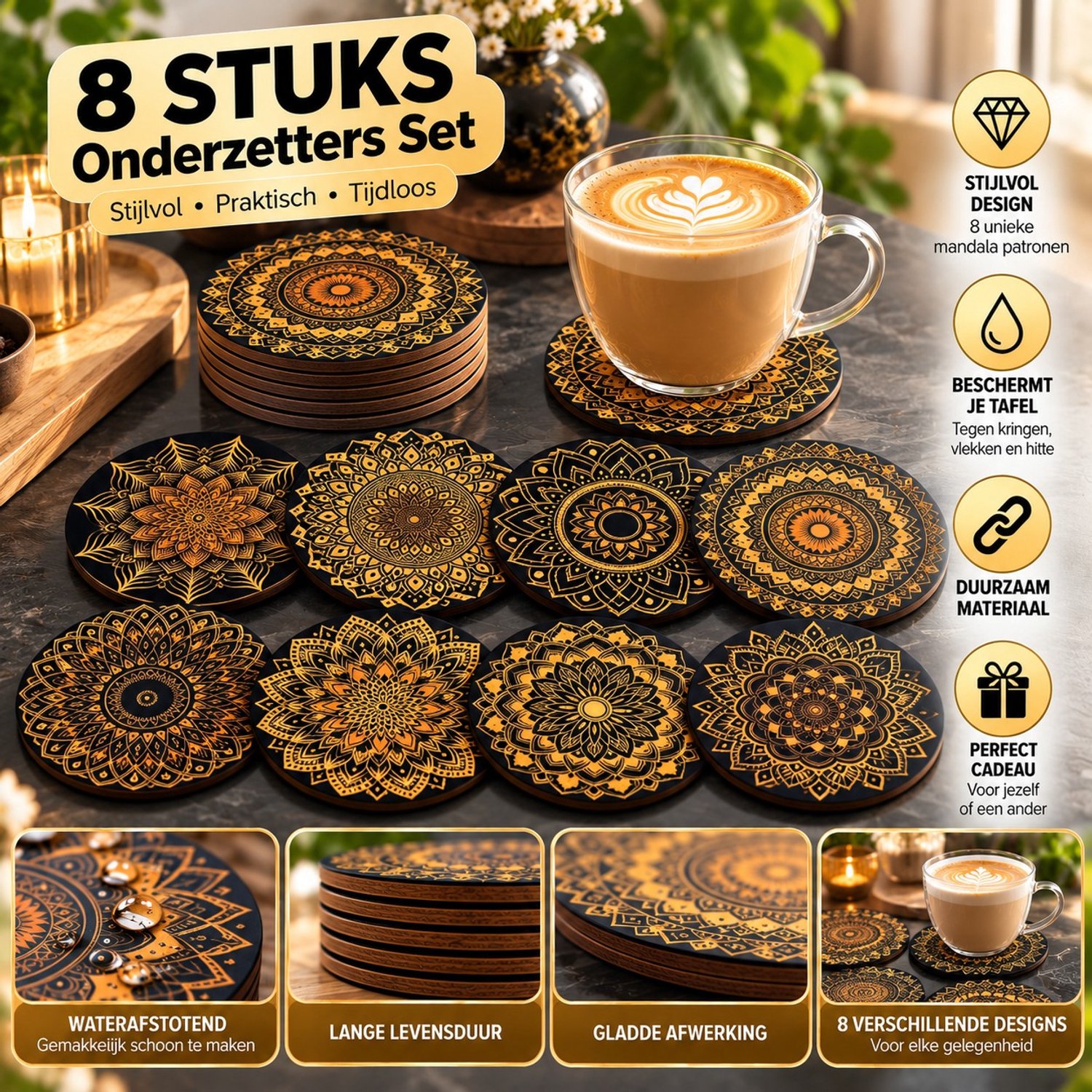 Mandala Onderzetters GOLD - 8 stuks - Set van 8 - Onderzetters - Bohemian - Mandala - Onderzetters glazen - Houten onderzetters - Onderzetters voor glazen - Onderleggers voor glazen of Kopjes - Verjaardagscadeau - Moederdag - Vaderdag - Cadeau