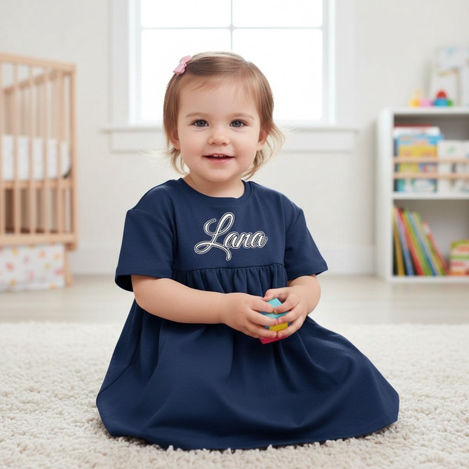 Navy blue baby jurk - bedrukt met naam - gepersonaliseerd - biologisch katoen - 6-12 maanden - baby kleding - meisje
