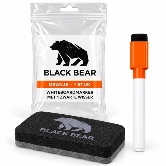 Oranje whiteboardmarker met magnetische wisser-dop en een losse BlackBear-wisser in verpakking.