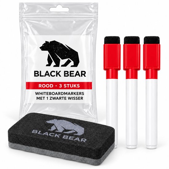 Verpakking met drie rode markers en een zwarte wisser, beide met Black Bear logo.
