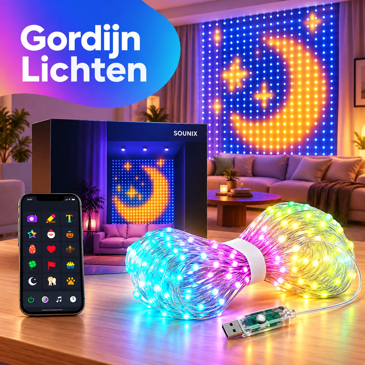 Sounix LED Lichtgordijn - Sfeerverlichting met Afstandsbediening - 2 meter - RGB - 400 LED lichten - LED Kerstverlichting Lichtgordijn – foto 3