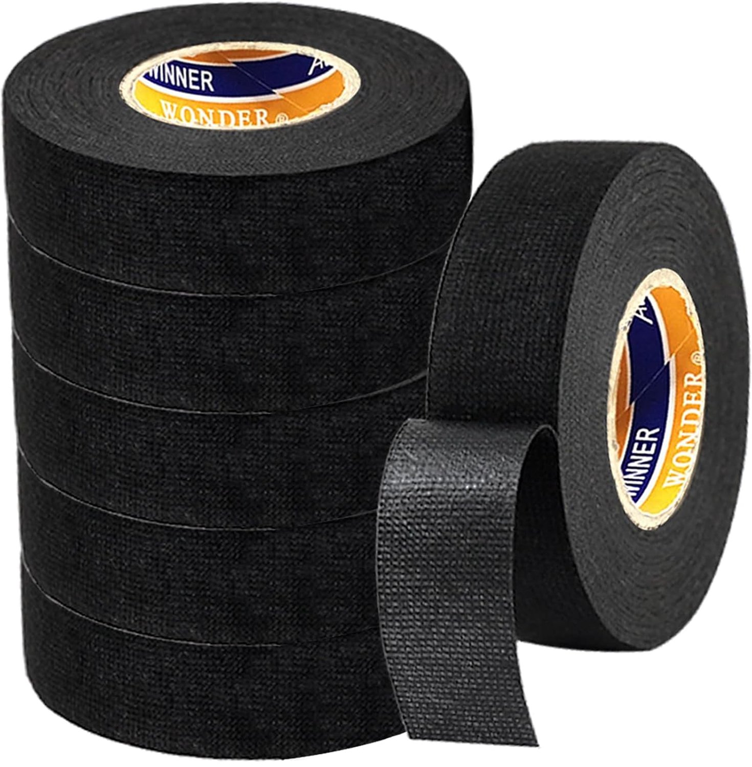 6 x Black Insulation Tape, Wire Harness, Self-Adhesive Fabric Tyres, Noise Reduction, Suitable for Home Appliances, Repairs and Cars, 19 mm x 15 m