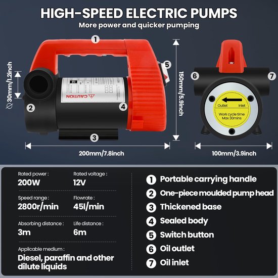 Elektrische Dieseloverpomp 200W - Zelfaanzuigend - 45 Liter per Minuut - Aluminium Handspuitmond - Met Slangen - Brandstofpomp — afbeelding 5
