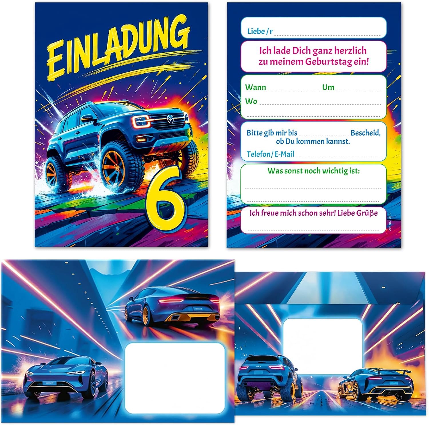 12 Invitation Cards Including 12 Envelopes for 6th Children's Birthday Boy Kids Car Monster Truck Truck Cool Colourful Invitations Sixth Birthday Invi