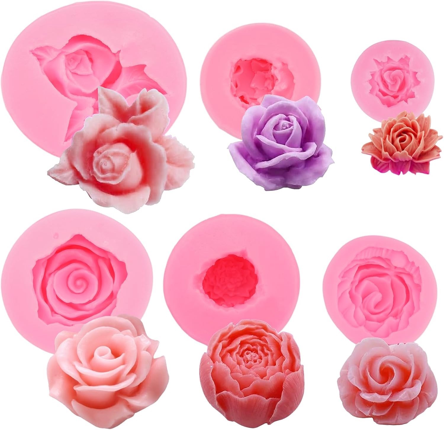 Zachte 3D Silicone Bloemvormen - Set van 6 Rozen en Pioenrozen voor Creatieve Projecten