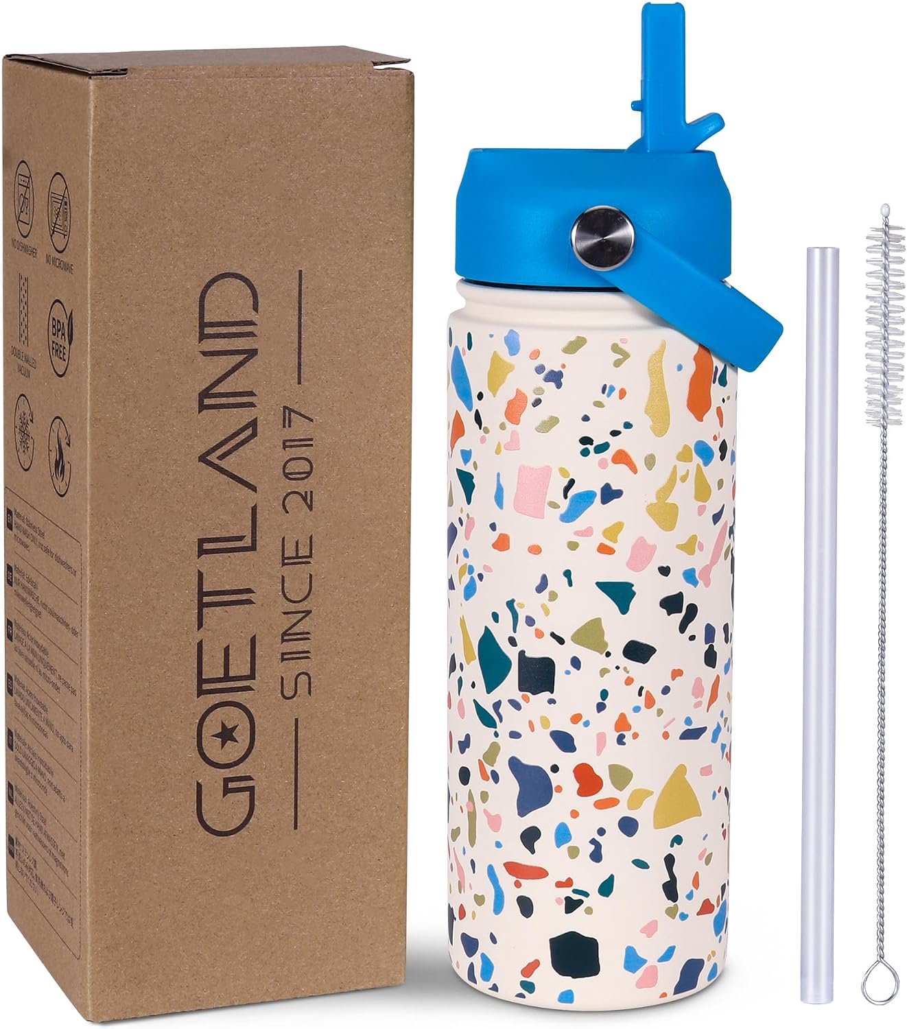 SnelShoppen - Terrazzo Design Thermosfles met Rietje 500ml RVS Dubbelwandig Geïsoleerd Levenslang Lekvrij Voor Vrouwen Meisjes School Kantoor
