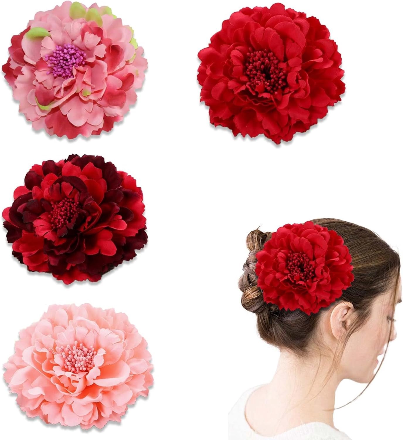 Haarspeldenset bloemen 11 cm - grote decoratieve pioenrozen - 4 kleuren voor bruiloft - ShopVlot