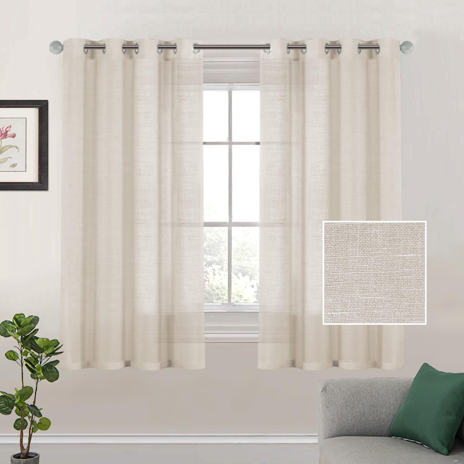 Natural linen curtains, transparent voile curtains, living room, semi-transparent, linen curtains with pleated tape - ShopVlot