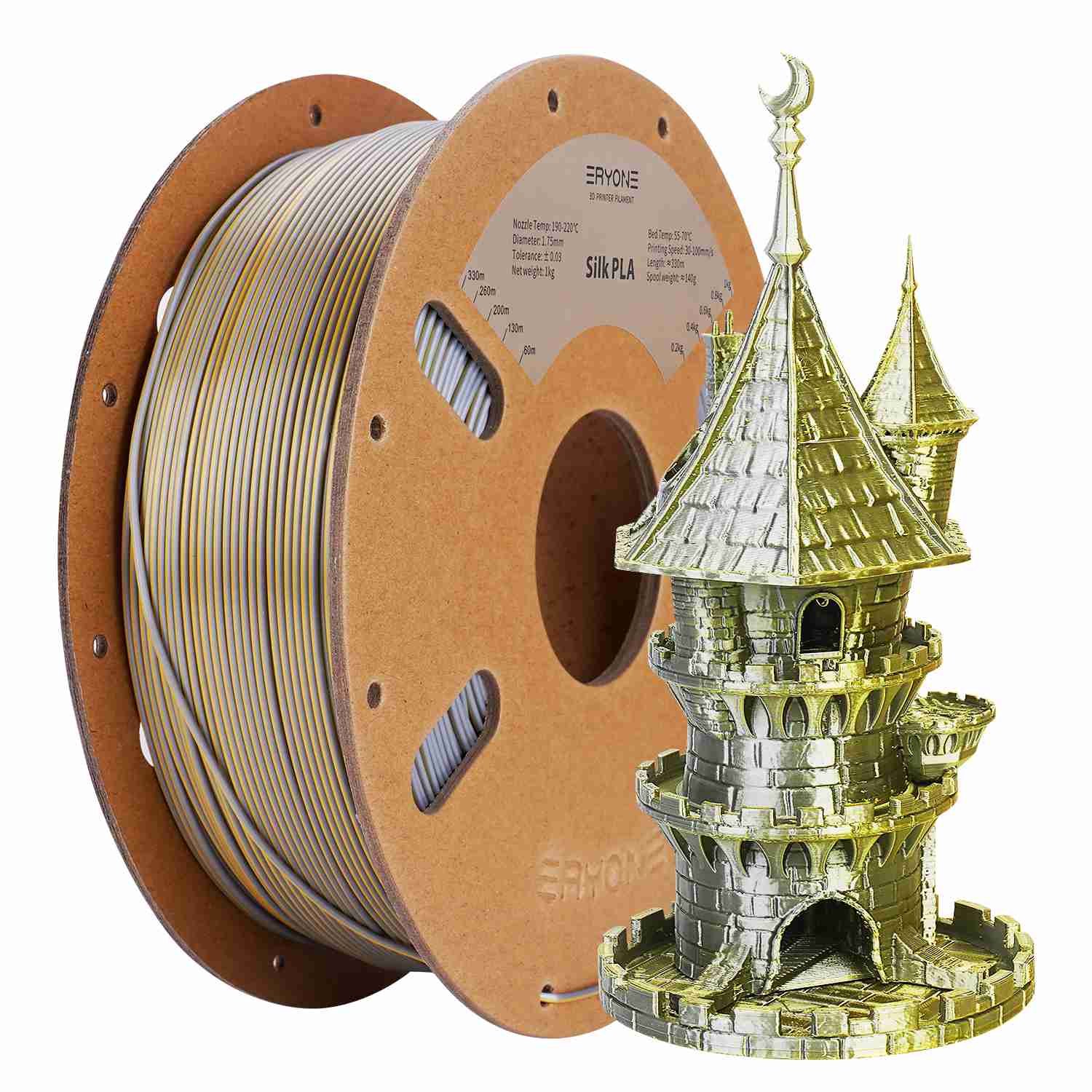 Eryone Duo Silk - Silver + Gold - PLA Filament - 1 Kg 1,75mm - Voor 3D-printer & 3D-pen Silk Silver + Gold