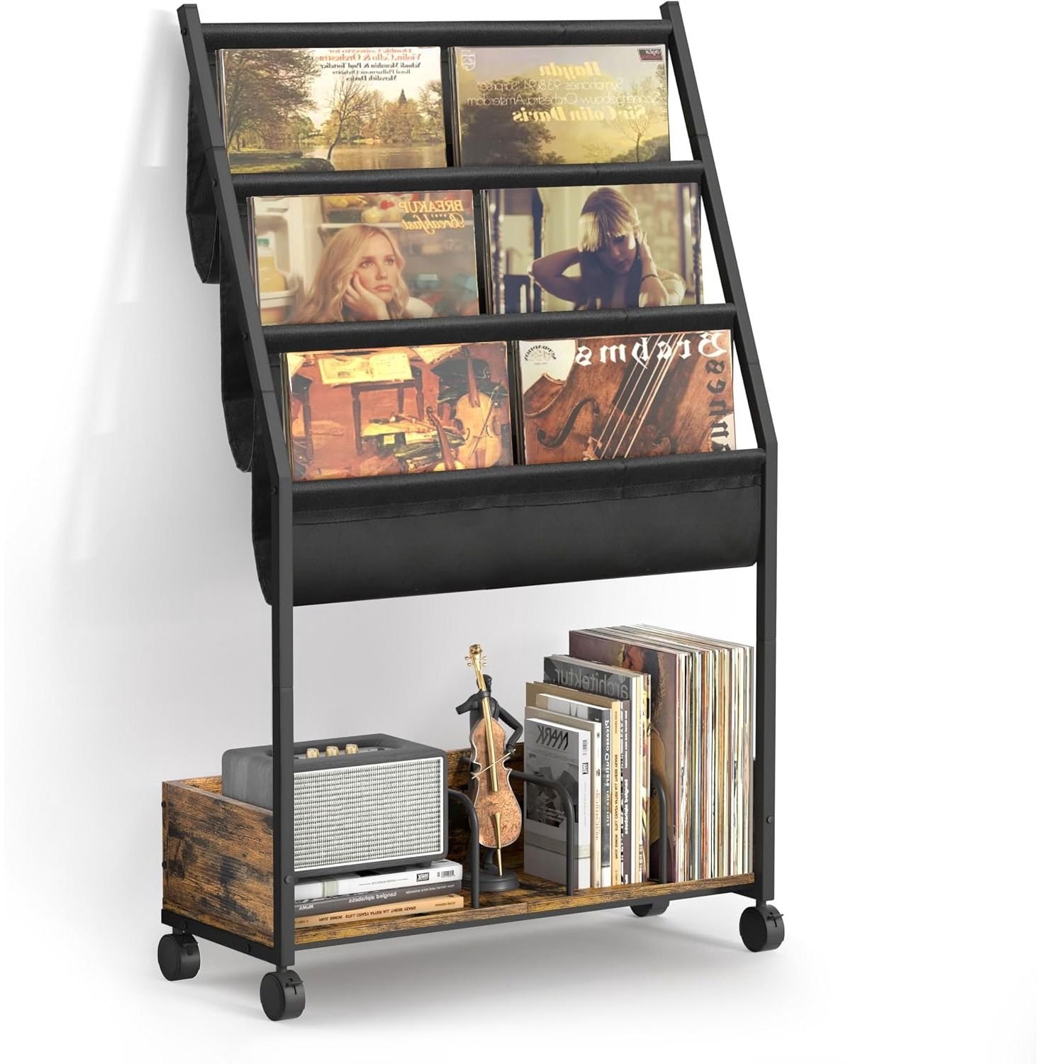 Platenspeler Meubel - Platenspeler Kast op Wielen - LP Houder - Zwart en Bruin
