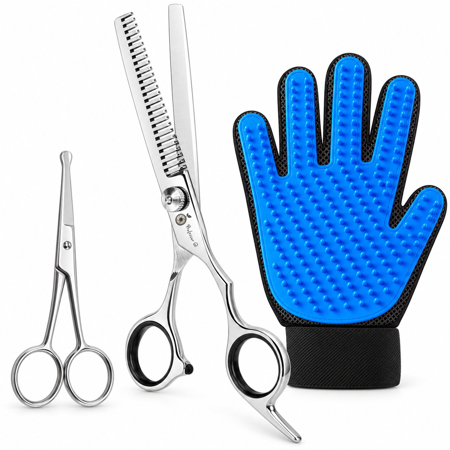 Professor Q Hondentrimset - Effileerschaar met Vingerringen Zwart - Potenschaar Zilver en Vachthandschoen Blauw - 3-delig