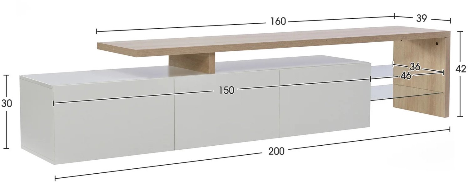 Niamora TV-kast - TV-meubel - TV-lowboard - Mediakast - Modern - 200 cm lang - Opbergruimte - Wit - Glazen planken - houtlook.