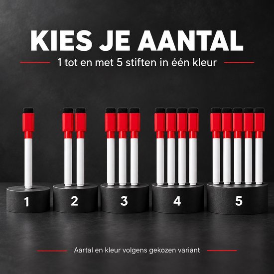 Selectie van 1 tot 5 rode whiteboardmarkers op zwarte standaards. Tekst: Kies je aantal.