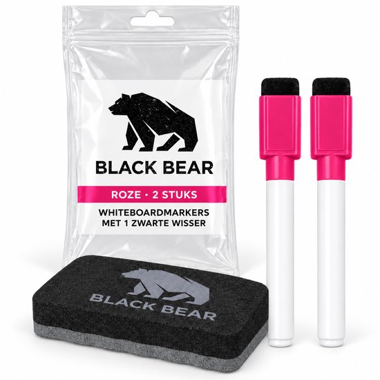 Twee roze BlackBear whiteboardmarkers met magnetische wisser-dop en één aparte zwarte wisser in een verpakking.