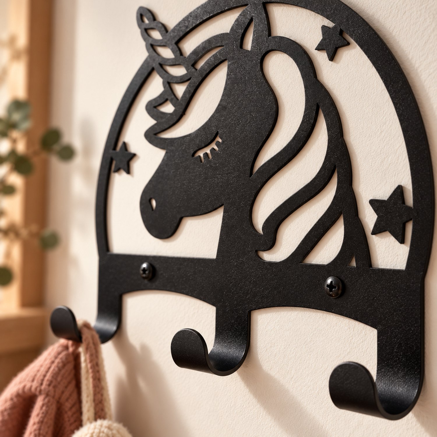 Weterings Store Eenhoorn Kapstok – Unicorn Kinderkapstok – 3 Haken – Staal – Zwart – 20 cm