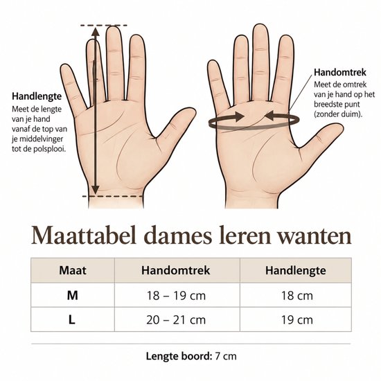 Maattabel voor dameswanten met instructies voor het meten van handlengte en handomtrek in centimeters.