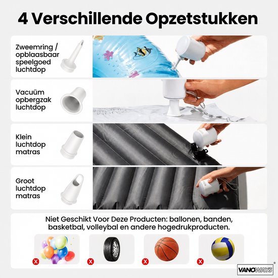 Elektrische Luchtpomp – Vanoways – Luchtbed Pomp Oplaadbaar – Zwembad – LED Licht - zwart — afbeelding 4