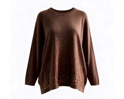 Dames Fijn Gebreid Trui - G6890 - Losse fit - Trui afgewerk met pailletjes aan de voorkant Onesize (XL/XXL) Bruin