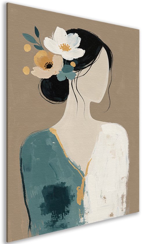 Zijaanzicht van een canvas schilderij met een abstracte vrouw, bloemen en blauw-witte details op een taupe canvas.