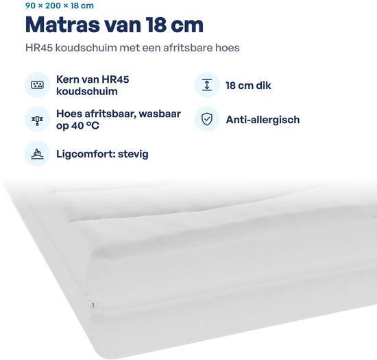 Matras 90x200 cm, 18 cm dik, HR45 koudschuim, anti-allergisch, stevig ligcomfort, wasbare hoes.