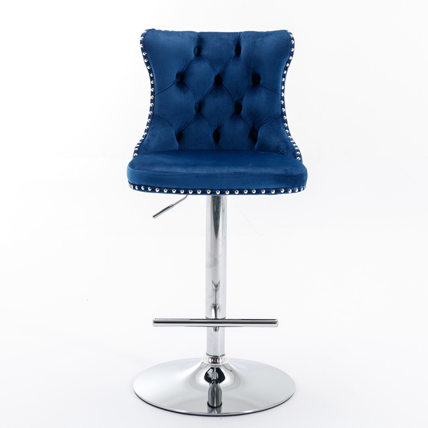 SONNENH Barkrukken set van 2 met blauwe velvet, knoopgestikte rug en chroomkleurige basis - Verstelbaar en draaibaar