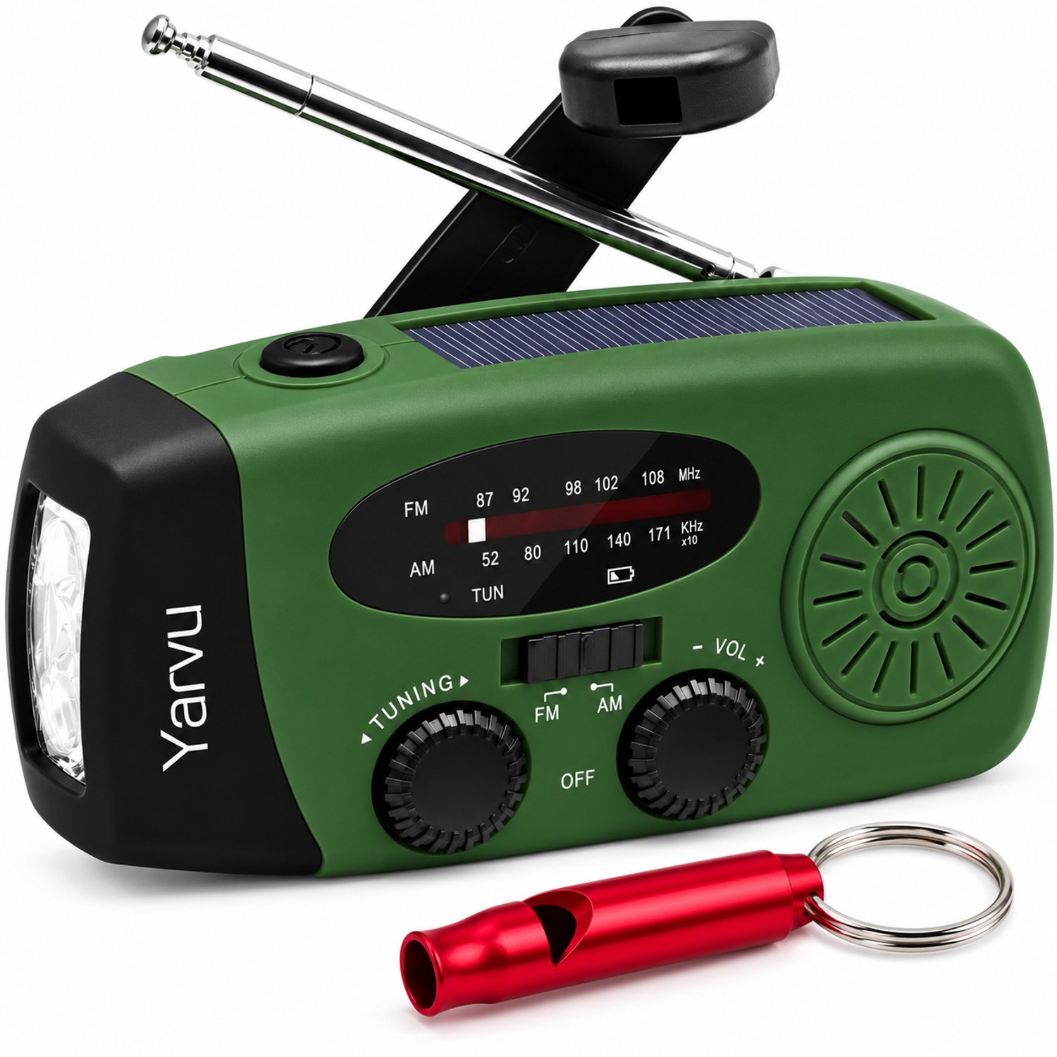 Yarvu ® Noodradio Solar Opwindbaar + Noodfluit - 2000mAh - Powerbank - LED Zaklamp - Op Accu - Aanzwengelen - FM AM Radio - Zonne Energie - SOS Sirene - Donker Groen
