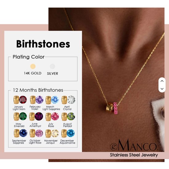 Gouden ketting met bedelringen en roze geboortesteentjes, inclusief gids voor plating kleuren en 12 geboortemaanden.