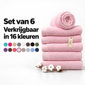 Stapel van 6 roze badhanddoeken met katoenbloemen en kleurkeuze-opties.