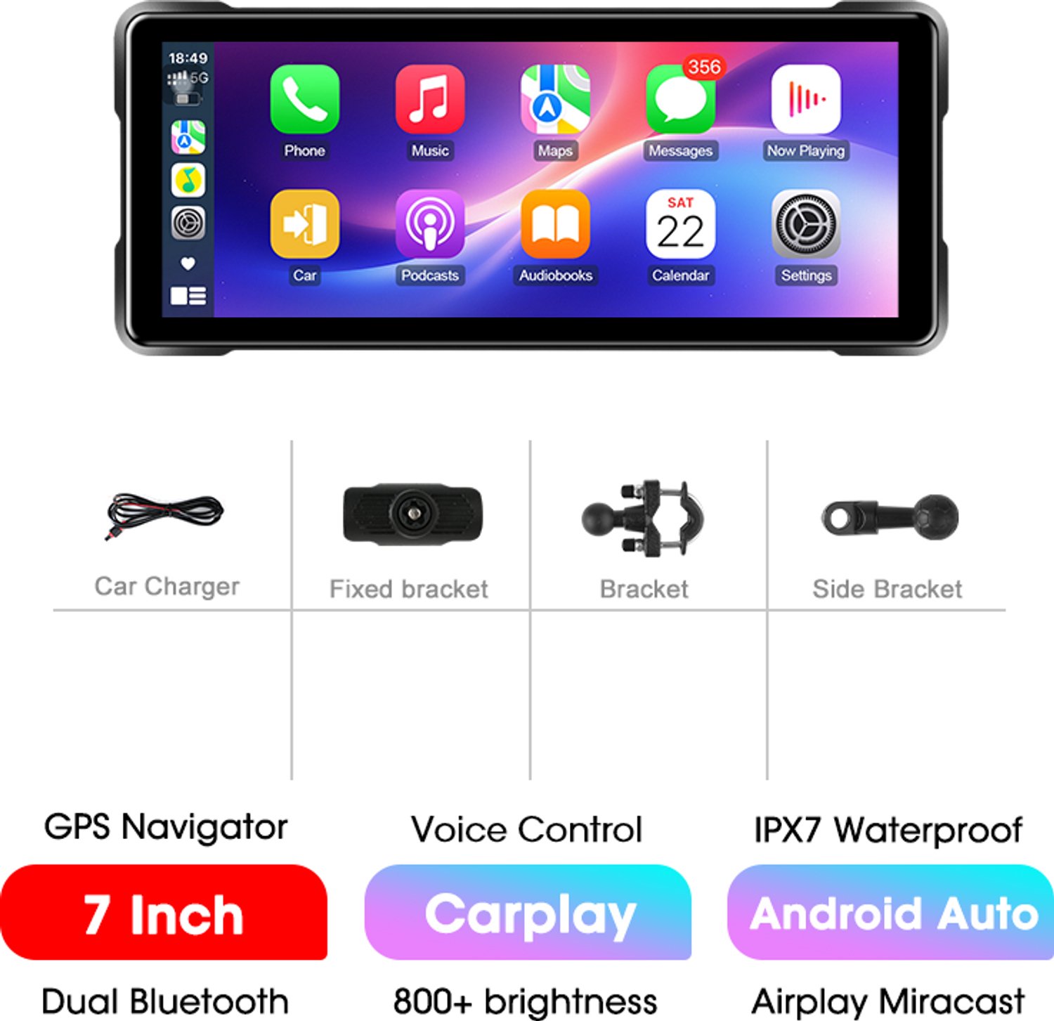 Navigatie - Navigatiesysteem - Motor GPS - 7 inch Touchscreen - Zonder DVR - IPX7 Waterdicht - Draadloze CarPlay - Draadloze Android Auto - Kunststof en Glas - Voor Motorfiets