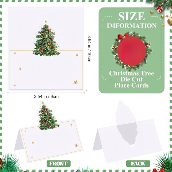 Witte kerstnaamkaartjes met uitgestanste kerstboom, gouden sterren en 9 bij 10 cm afmetingen voor kersttafeldecoratie.