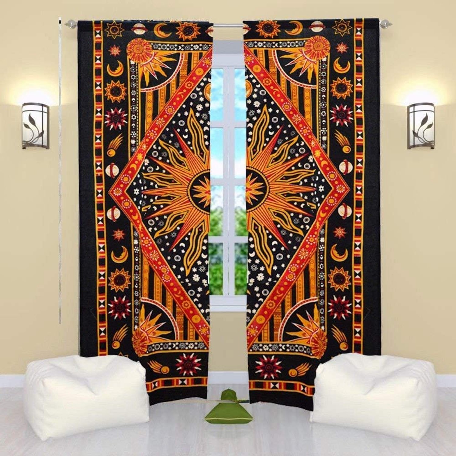 SnelShoppen - Hippie Mandala Gordijnen - 2 Stuks - 100% Katoen - Bohemian Zon en Maan Raamdecoratie - Lichtgewicht en Wasbaar - Voor Slaapkamer, Woonk