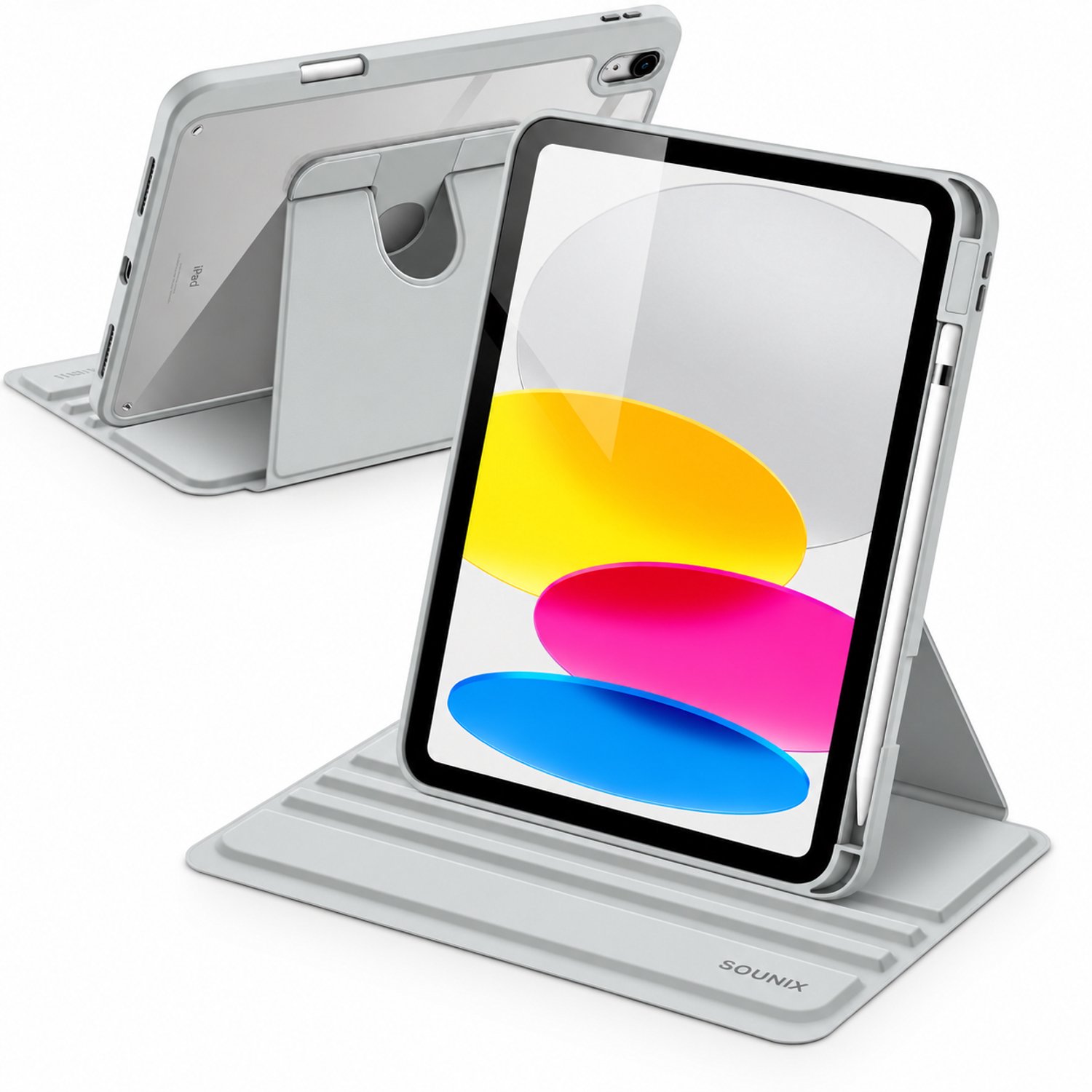 Sounix Tablet Hoes Geschikt voor Apple iPad 11 (2025) A16/iPad 10.9 Inch 10e generatie (2022) - 360° draaibaar Hoesje - Bookcase met Pencilhouder -Lichtgrijs