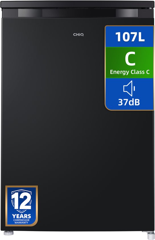 Zwarte CHiQ tafelmodel koelkast, 107 liter, energieklasse C, 37dB geluidsniveau en 12 jaar garantie op de compressor.