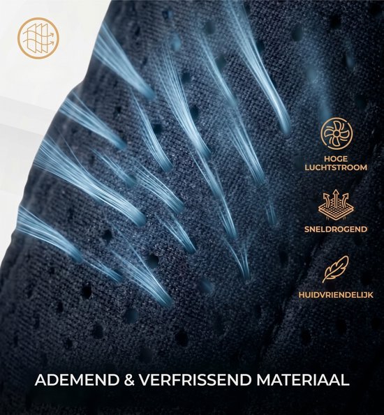 Detailopname van ademend zwart kniebracemateriaal met blauwe grafische lijnen die luchtstroom en sneldrogende eigenschappen tonen.