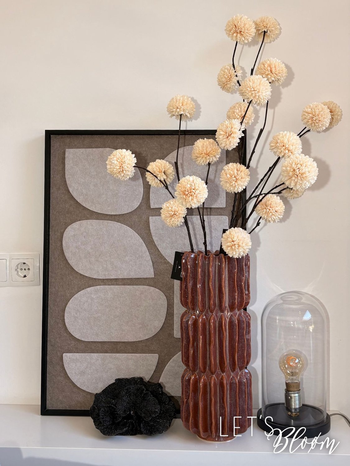 Let's Bloøm | Pompom tak | Chrysant tak | Wit/creme | 1 meter | Decoratieve tak | Countryfield | Zijden tak | Kunst tak |