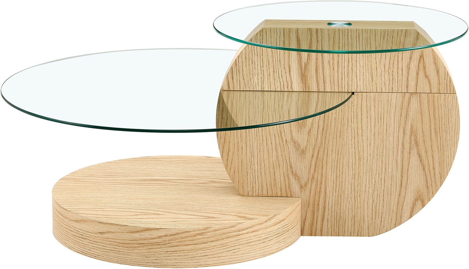 SONNENH Asymmetrische salontafel met 2 glazen bladen en MDF-basis - Lichte houtlook - 90 x 70 cm