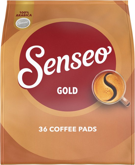 Verpakking Senseo Gold koffiepads, 36 stuks, bruin zakontwerp met 100% Arabica logo en afbeelding van koffiekopje.