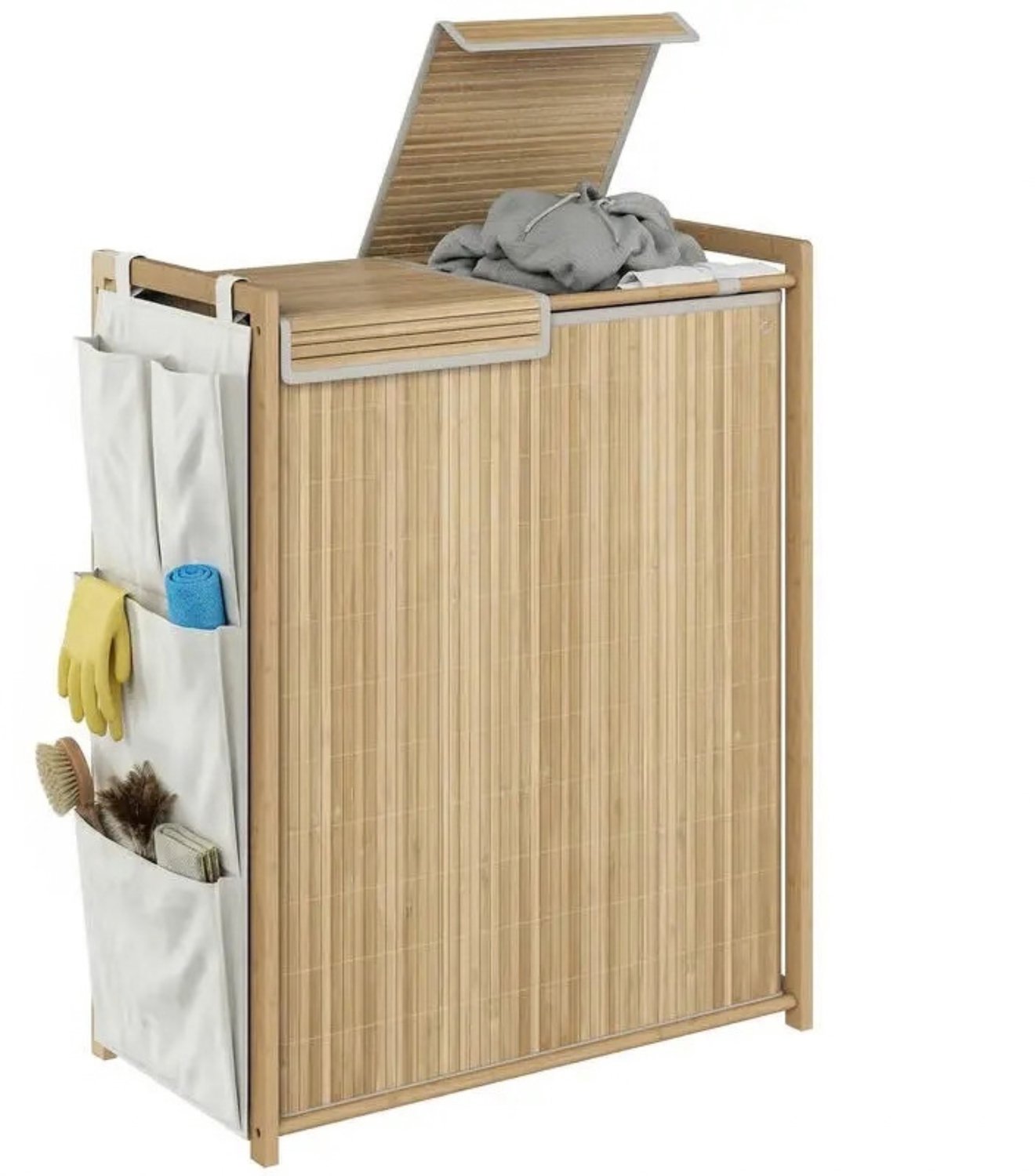 Noventra Wasmand met Deksel – 2 Vakken – Bamboe – Wassorteerder met Uitneembare Waszakken – Wasbox met Zijvakken – Wasmand voor Badkamer en Slaapkamer – Naturel