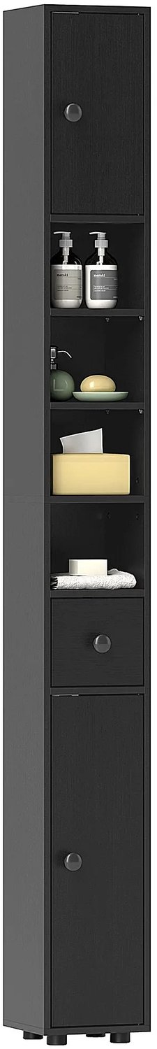 Tremeo Smalle Badkamerkast - Kolomkast Badkamer - Smalle Kast - 180cm hoog - Zwart Hout - 20x20 cm - Verstelbare planken